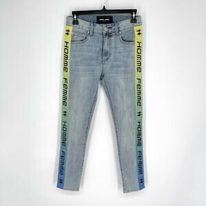 Homme + Femme NEW Tesla Skinny Blue Jeans 28 Yellow Green Gradient Logo Ribbon